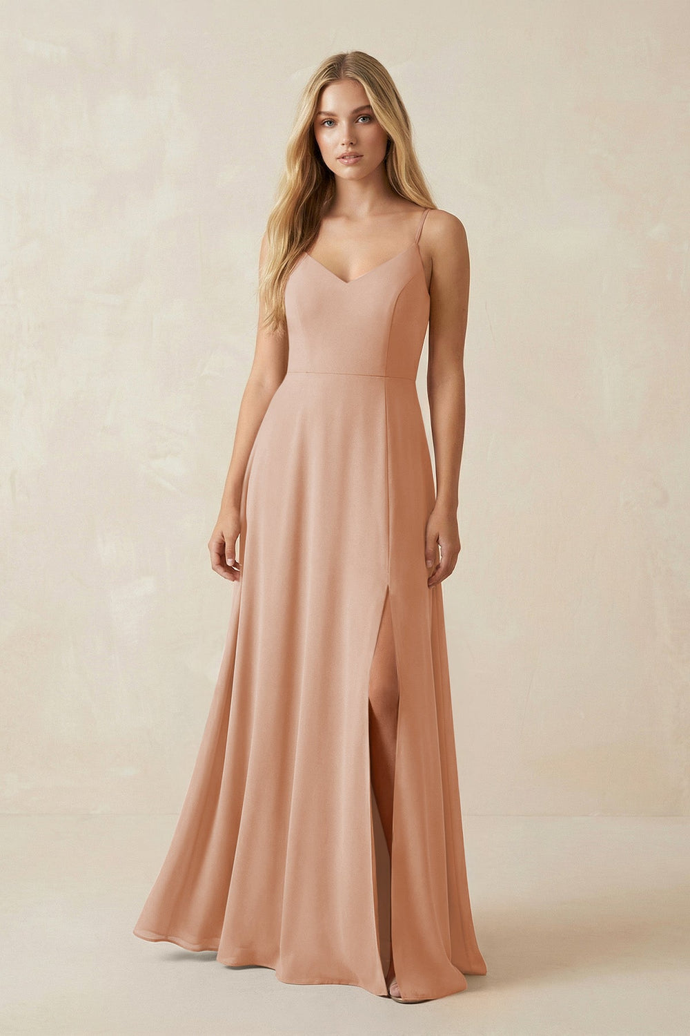 Cami Strap A-Line Chiffon Bridesmaid Dress with Slit in Champagne Rose - KISS BRIDAL BRIDESMAID DRESSES