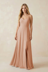 Cami Strap A-Line Chiffon Bridesmaid Dress with Slit in Champagne Rose - KISS BRIDAL BRIDESMAID DRESSES