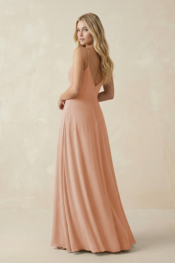 Cami Strap A-Line Chiffon Bridesmaid Dress with Slit in Champagne Rose - SHE IS ME BRIDESMAID DRESSES