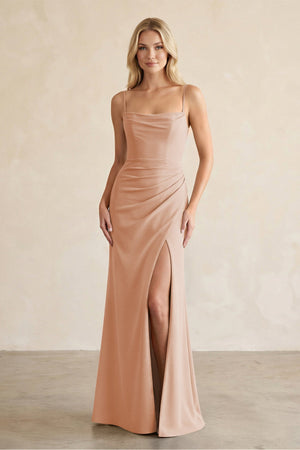 Cami Strap Chiffon Sheath Bridesmaid Dress with Slit in Champagne Rose - SHE IS ME BRIDESMAID DRESSES