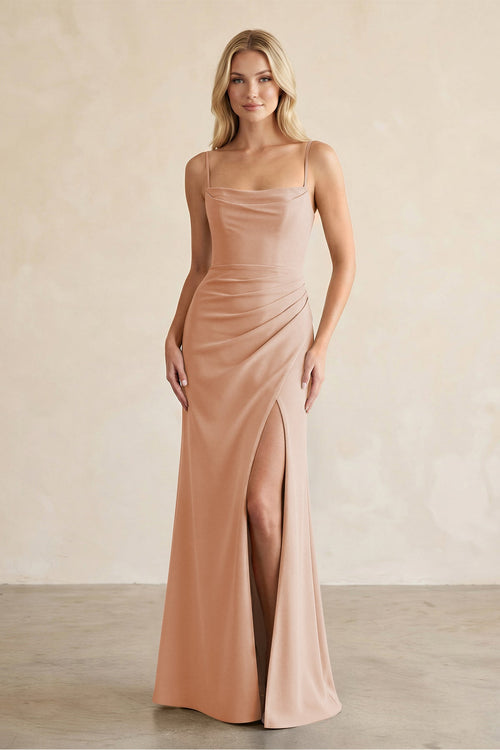 Cami Strap Chiffon Sheath Bridesmaid Dress with Slit in Champagne Rose - SHE IS ME BRIDESMAID DRESSES