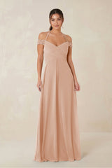 A-Line Off-the-Shoulder Chiffon Bridesmaid Dress in Champagne Rose - KISS BRIDAL BRIDESMAID DRESSES
