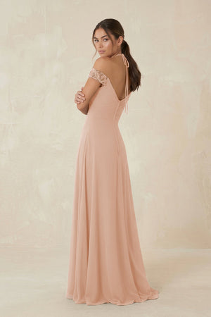 A-Line Off-the-Shoulder Chiffon Bridesmaid Dress in Champagne Rose - KISS BRIDAL BRIDESMAID DRESSES