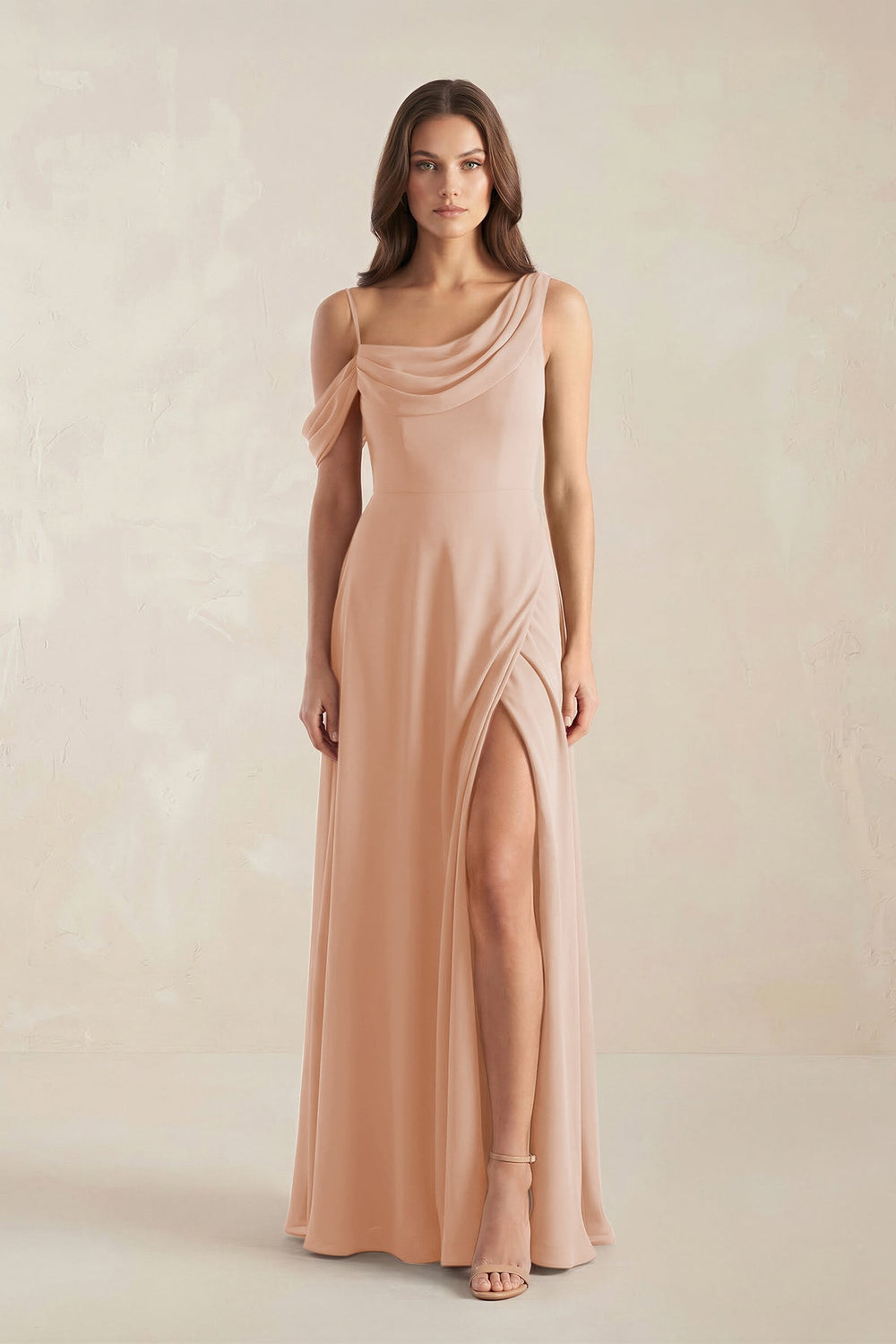 One-Shoulder Chiffon A-Line Bridesmaid Dress in Champagne Rose - KISS BRIDAL BRIDESMAID DRESSES