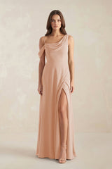 One-Shoulder Chiffon A-Line Bridesmaid Dress in Champagne Rose - KISS BRIDAL BRIDESMAID DRESSES