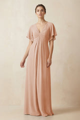 Short Sleeve V-Neck Chiffon A-Line Bridesmaid Dress in Champagne Rose - KISS BRIDAL BRIDESMAID DRESSES