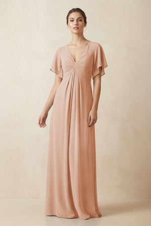 Short Sleeve V-Neck Chiffon A-Line Bridesmaid Dress in Champagne Rose - SHE IS ME BRIDESMAID DRESSES