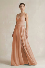 A-Line Spaghetti Strap Chiffon Bridesmaid Dress in Champagne Rose - KISS BRIDAL BRIDESMAID DRESSES