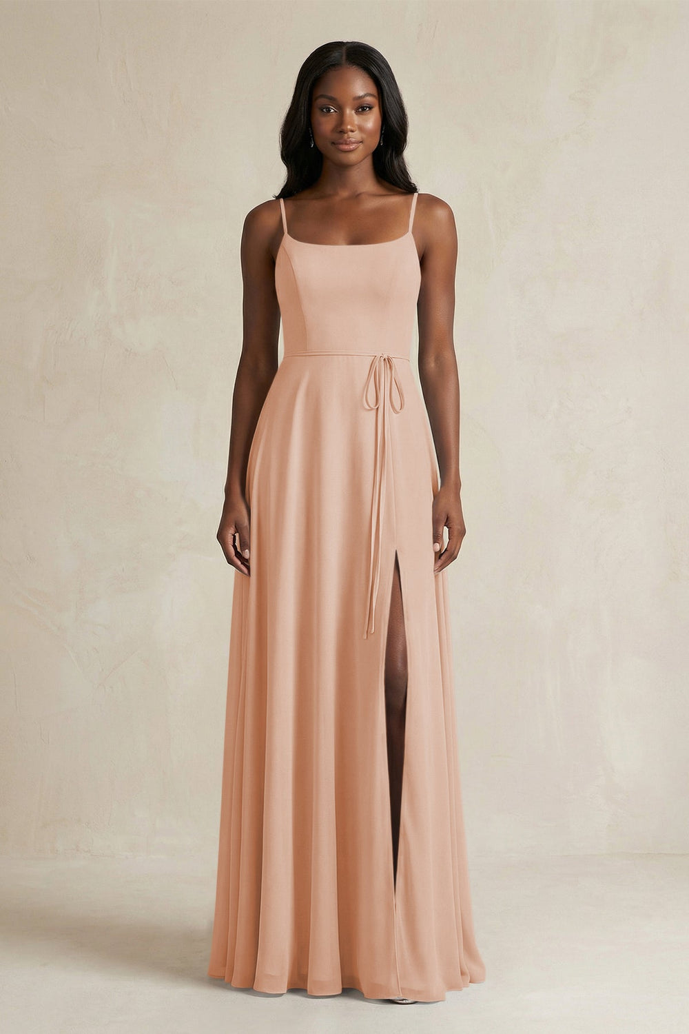A-Line Spaghetti Straps Chiffon Bridesmaid Dress in Champagne Rose - KISS BRIDAL BRIDESMAID DRESSES