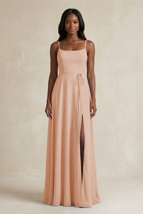 A-Line Spaghetti Straps Chiffon Bridesmaid Dress in Champagne Rose - KISS BRIDAL BRIDESMAID DRESSES