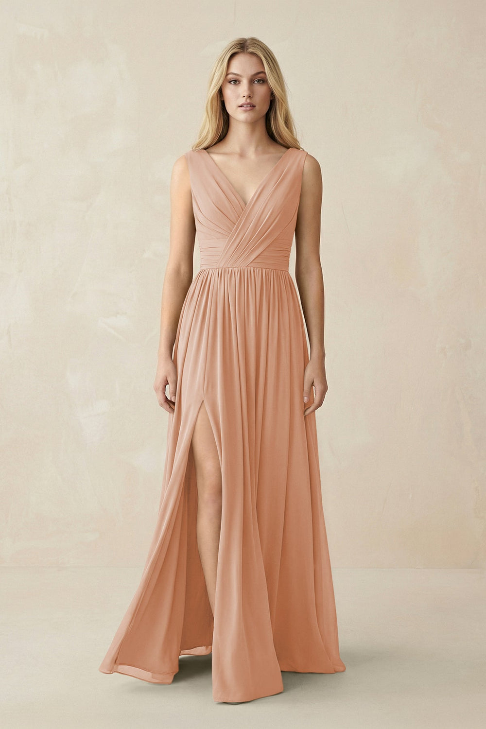 V-Neck Chiffon Pleated A-Line Bridesmaid Dress in Champagne Rose - KISS BRIDAL BRIDESMAID DRESSES