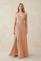 V-Neck Chiffon Pleated A-Line Bridesmaid Dress in Champagne Rose - KISS BRIDAL BRIDESMAID DRESSES