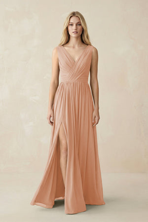 V-Neck Chiffon Pleated A-Line Bridesmaid Dress in Champagne Rose - SHE IS ME BRIDESMAID DRESSES