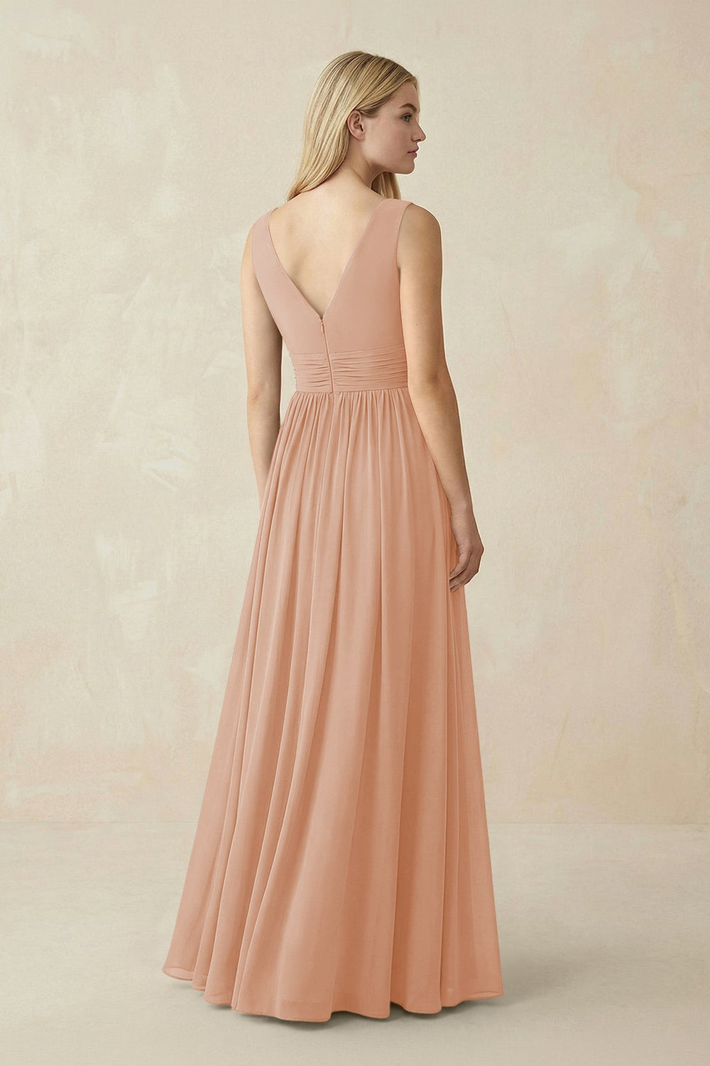 V-Neck Chiffon Pleated A-Line Bridesmaid Dress in Champagne Rose - KISS BRIDAL BRIDESMAID DRESSES