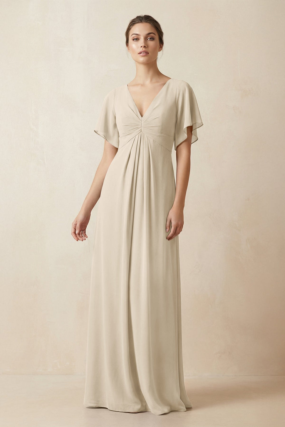 Short Sleeve V-Neck Chiffon A-Line Bridesmaid Dress in Champagne - KISS BRIDAL BRIDESMAID DRESSES