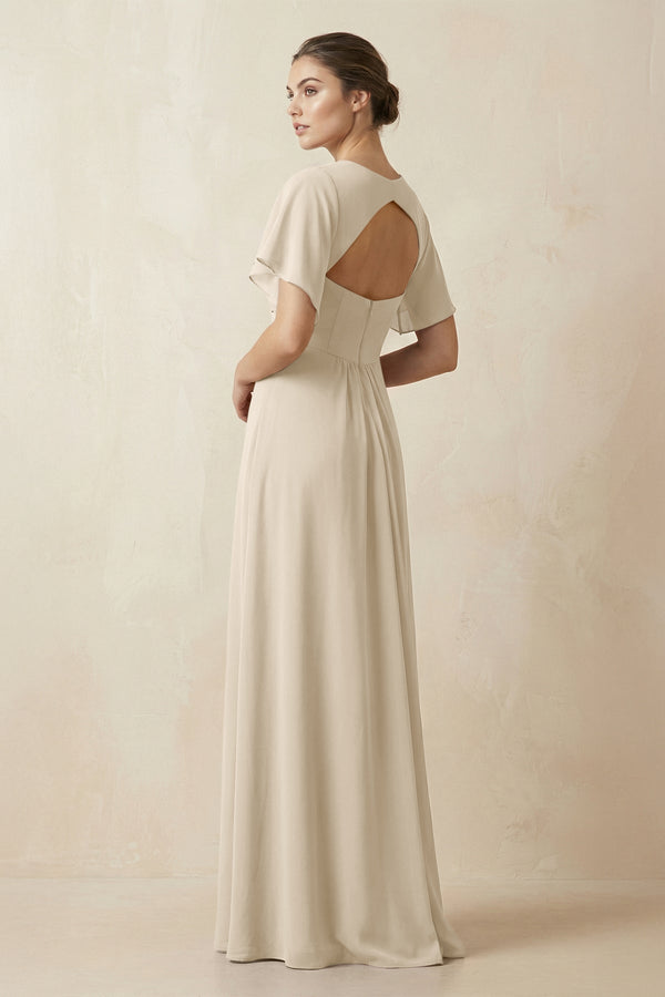 Short Sleeve V-Neck Chiffon A-Line Bridesmaid Dress in Champagne - SHE IS ME BRIDESMAID DRESSES