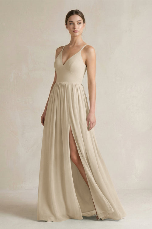 A-Line Spaghetti Strap Chiffon Bridesmaid Dress in Champagne - SHE IS ME BRIDESMAID DRESSES