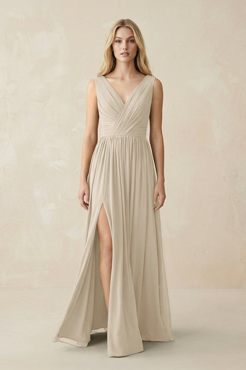 V-Neck Chiffon Pleated A-Line Bridesmaid Dress in Champagne - SHE IS ME BRIDESMAID DRESSES