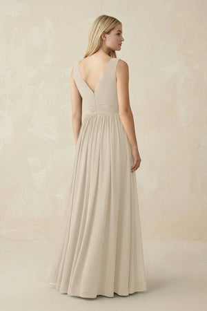 V-Neck Chiffon Pleated A-Line Bridesmaid Dress in Champagne - SHE IS ME BRIDESMAID DRESSES