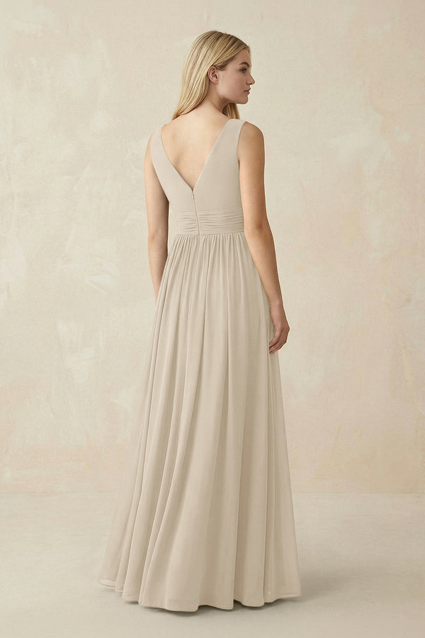 V-Neck Chiffon Pleated A-Line Bridesmaid Dress in Champagne - SHE IS ME BRIDESMAID DRESSES