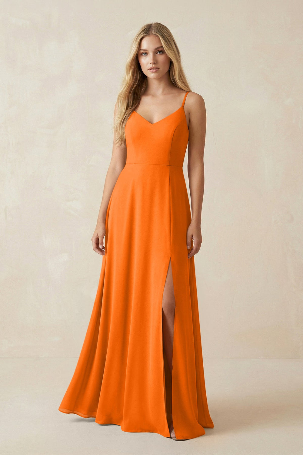 Cami Strap A-Line Chiffon Bridesmaid Dress with Slit in Cinnamon - KISS BRIDAL BRIDESMAID DRESSES