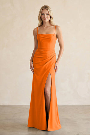 Cami Strap Chiffon Sheath Bridesmaid Dress with Slit in Cinnamon - SHE IS ME BRIDESMAID DRESSES