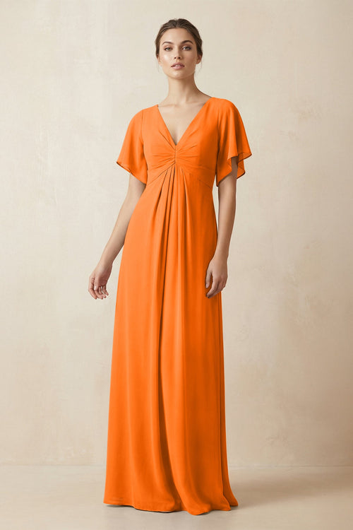 Short Sleeve V-Neck Chiffon A-Line Bridesmaid Dress in Cinnamon - SHE IS ME BRIDESMAID DRESSES