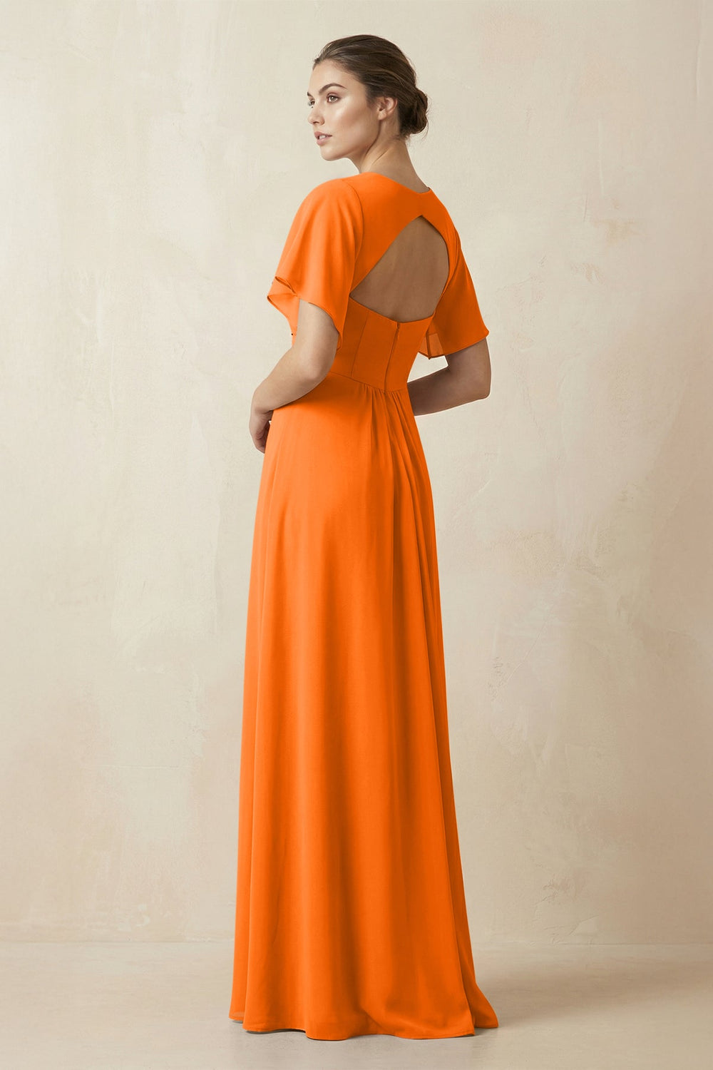 Short Sleeve V-Neck Chiffon A-Line Bridesmaid Dress in Cinnamon - SHE IS ME BRIDESMAID DRESSES