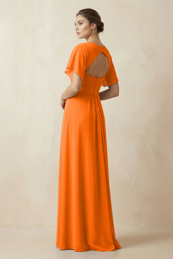 Short Sleeve V-Neck Chiffon A-Line Bridesmaid Dress in Cinnamon - SHE IS ME BRIDESMAID DRESSES