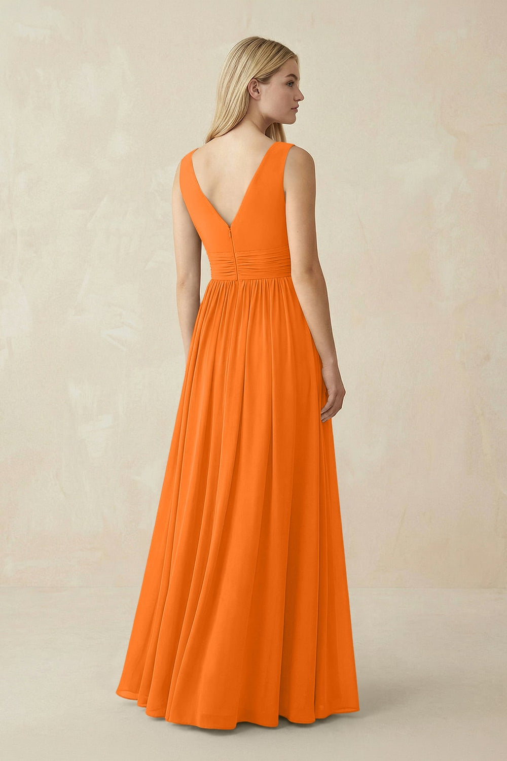 V-Neck Chiffon Pleated A-Line Bridesmaid Dress in Cinnamon - KISS BRIDAL BRIDESMAID DRESSES