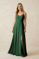 Cami Strap A-Line Chiffon Bridesmaid Dress with Slit in Dark Green - SHE IS ME BRIDESMAID DRESSES