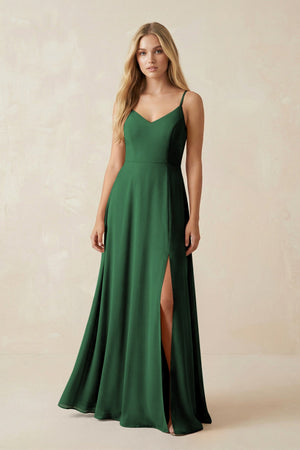 Cami Strap A-Line Chiffon Bridesmaid Dress with Slit in Dark Green - SHE IS ME BRIDESMAID DRESSES