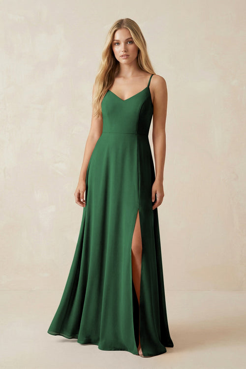 Cami Strap A-Line Chiffon Bridesmaid Dress with Slit in Dark Green - SHE IS ME BRIDESMAID DRESSES