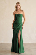 Cami Strap Chiffon Sheath Bridesmaid Dress with Slit in Dark Green - SHE IS ME BRIDESMAID DRESSES