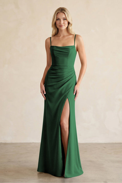 Cami Strap Chiffon Sheath Bridesmaid Dress with Slit in Dark Green - SHE IS ME BRIDESMAID DRESSES
