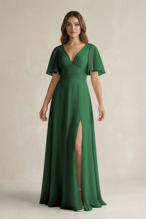 Flutter Sleeve V-Neck A-Line Chiffon Bridesmaid Dress in Dark Green
