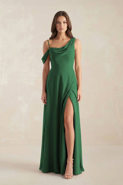 One-Shoulder Chiffon A-Line Bridesmaid Dress in Dark Green - SHE IS ME BRIDESMAID DRESSES