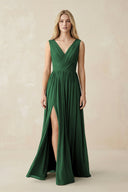V-Neck Chiffon Pleated A-Line Bridesmaid Dress in Dark Green - SHE IS ME BRIDESMAID DRESSES