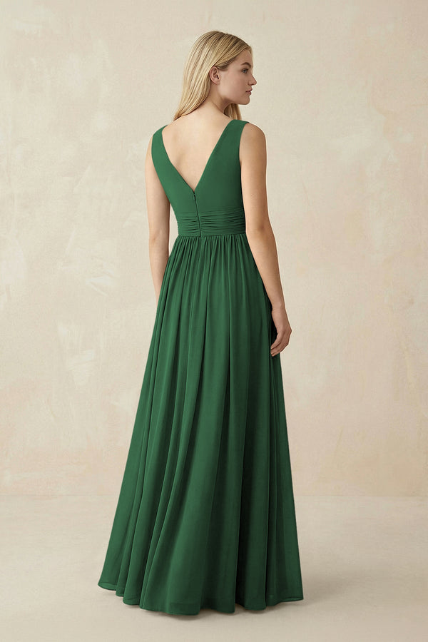 V-Neck Chiffon Pleated A-Line Bridesmaid Dress in Dark Green - SHE IS ME BRIDESMAID DRESSES