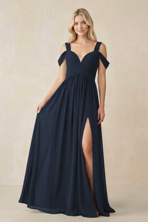 Chiffon A-Line Bridesmaid Dress with Slit  in Dark Navy - SHE IS ME BRIDESMAID DRESSES