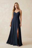 Cami Strap A-Line Chiffon Bridesmaid Dress with Slit in Dark Navy - SHE IS ME BRIDESMAID DRESSES
