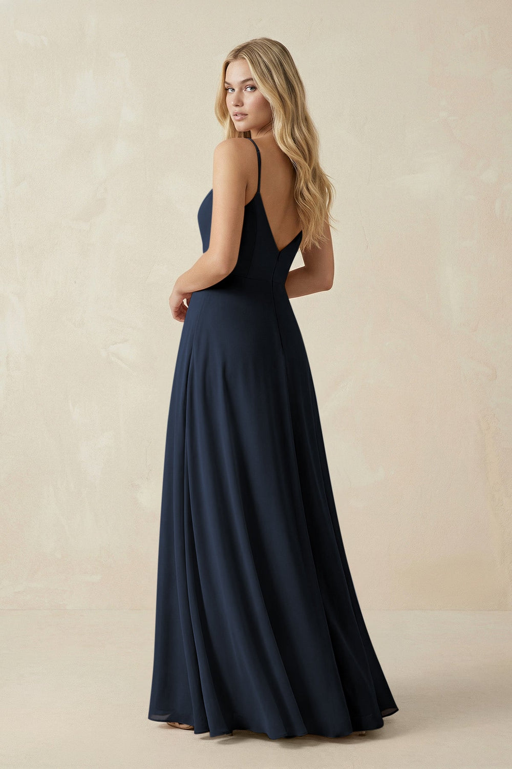 Cami Strap A-Line Chiffon Bridesmaid Dress with Slit in Dark Navy - KISS BRIDAL BRIDESMAID DRESSES