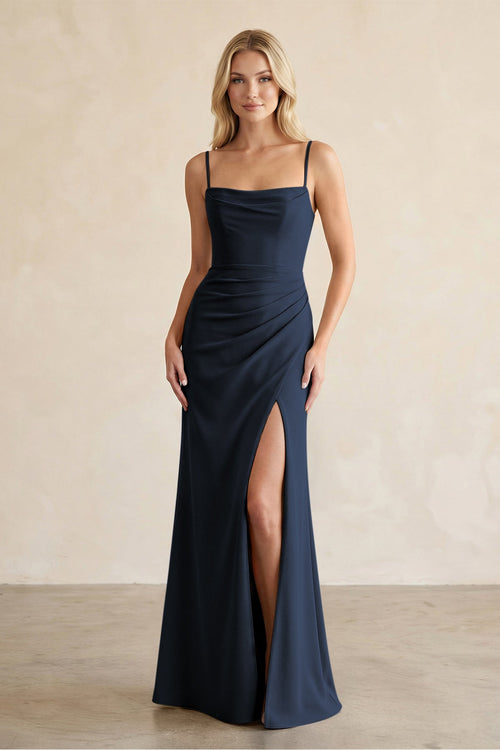Cami Strap Chiffon Sheath Bridesmaid Dress with Slit in Dark Navy - SHE IS ME BRIDESMAID DRESSES
