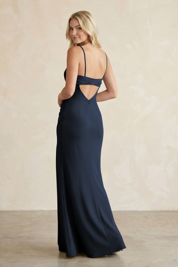 Cami Strap Chiffon Sheath Bridesmaid Dress with Slit in Dark Navy - SHE IS ME BRIDESMAID DRESSES