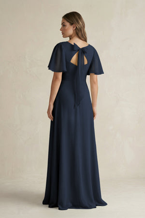 Flutter Sleeve V-Neck A-Line Chiffon Bridesmaid Dress in Dark Navy