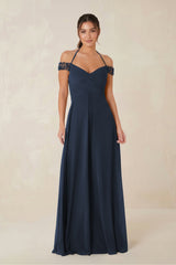 A-Line Off-the-Shoulder Chiffon Bridesmaid Dress in Dark Navy - KISS BRIDAL BRIDESMAID DRESSES