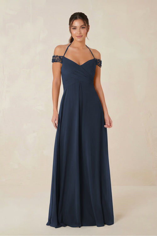 A-Line Off-the-Shoulder Chiffon Bridesmaid Dress in Dark Navy - KISS BRIDAL BRIDESMAID DRESSES