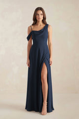 One-Shoulder Chiffon A-Line Bridesmaid Dress in Dark Navy - KISS BRIDAL BRIDESMAID DRESSES