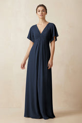 Short Sleeve V-Neck Chiffon A-Line Bridesmaid Dress in Dark Navy - KISS BRIDAL BRIDESMAID DRESSES