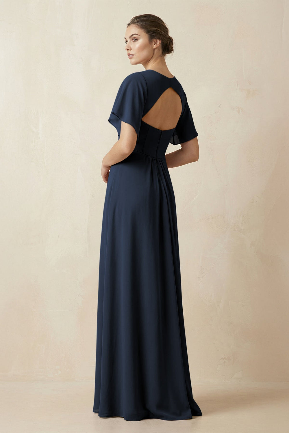 Short Sleeve V-Neck Chiffon A-Line Bridesmaid Dress in Dark Navy - KISS BRIDAL BRIDESMAID DRESSES